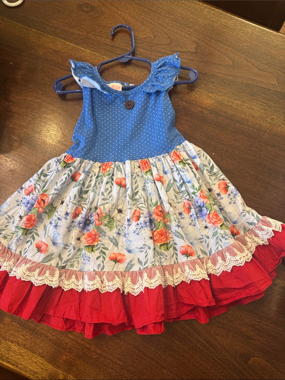 Girls Blue Floral Tiered Ruffle Dress with Red Trim